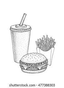 Set of hand drawn fast food. Vector sketch illustration.