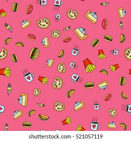 Set of hand drawn fast food vector seamless pattern. Design elements. repeatable background.