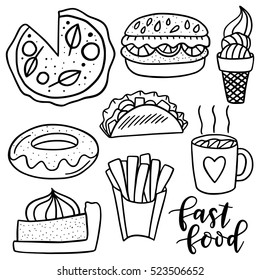 Set of hand drawn fast food vector icons. Design elements.