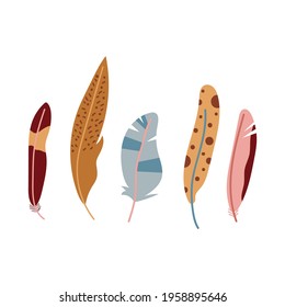 Set of hand drawn feathers in boho design. Flat illustration.