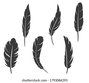 Set of hand drawn feathers different shapes in minimalistic monochrome cartoon style. Design elements isolated on white background. Vector illustration.