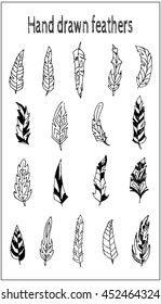 Set of hand drawn feathers. Ink illustration. Vector objects.
