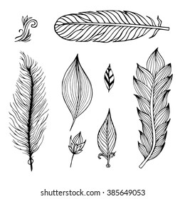 Set of hand drawn feathers on the isolated background. Vector illustration. For coloring book. Boho feathers set.