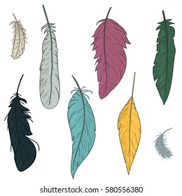 Set of hand drawn feathers on white background. Vector illustration in vintage retro style.