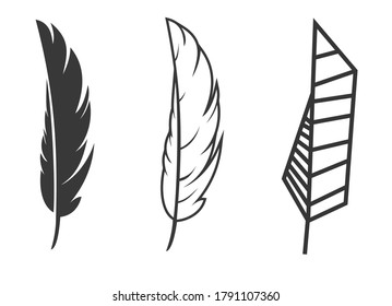 Conjunto de plumas dibujadas a mano con formas de diferente estilo. Elementos minimalistas de diseño de dibujos animados monocromos aislados en fondo blanco. Ilustración vectorial.