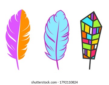 Set of hand drawn feathers shapes in different style. Minimalistic color cartoon design elements isolated on white background. Vector illustration.