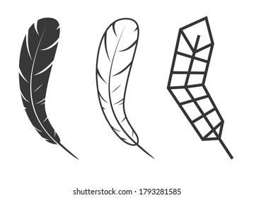 Set of hand drawn feathers shapes in different style. Minimalistic monochrome cartoon design elements isolated on white background. Vector illustration.