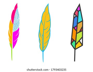 Set of hand drawn feathers shapes in different style. Minimalistic color cartoon design elements isolated on white background. Vector illustration.