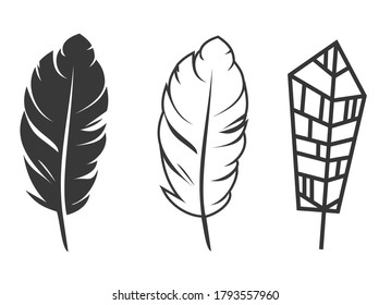 Conjunto de plumas dibujadas a mano con formas de diferente estilo. Elementos minimalistas de diseño de dibujos animados monocromos aislados en fondo blanco. Ilustración vectorial.