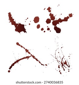 Set of hand drawn featuring various bloodstains in different shapes and sizes. High-quality realistic drips, splatters, drops, and smears, suitable for horror designs, medical graphics, crime scene artwork, Halloween projects. Fully scalable and editable, perfect for print, digital media vector illustration isolated on transparent background.
