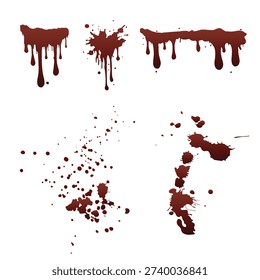 Set of hand drawn featuring various bloodstains in different shapes and sizes. High-quality realistic drips, splatters, drops, and smears, suitable for horror designs, medical graphics, crime scene artwork, Halloween projects. Fully scalable and editable, perfect for print, digital media vector illustration isolated on transparent background.