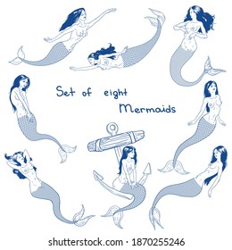 Set of hand drawn feminine, beautiful and slim mermaids. Doodle cartoon vector illustration isolated on white background