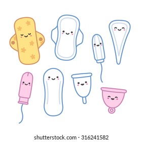 Set of hand drawn feminine hygiene products with cute faces. Pads and tampons, pantyliners and menstrual cups in adorable cartoon style.