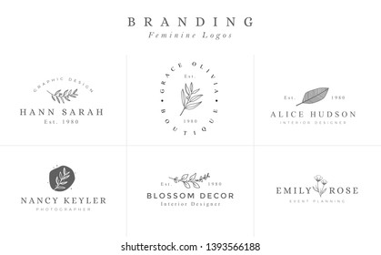 Set of Hand drawn Feminine Vector Signs or Logo Templates - Vector