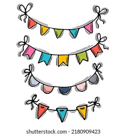 Set Of Hand Drawn Festive Garlands. Wedding, Anniversary, Birthday, Party, Christmas. Sketch Style. Vector Illustration