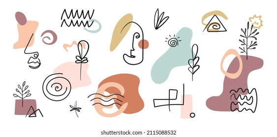 Conjunto de figuras dibujadas a mano y objetos de arte, caras, árboles, hojas, luna. Resumen de ilustraciones vectoriales modernas y modernas en tonos pastel. Diseño para afiches, postales, textiles.