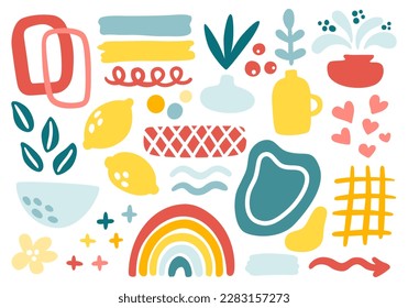 Set von handgezeichneten Figuren und Doodles. Abstrakte moderne, trendige Vektorgrafik. Einzige Elemente in hellen Sommerfarben.