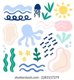 Set of hand drawn figures and doodles. Abstract modern trendy vector illustration. Marine life. 