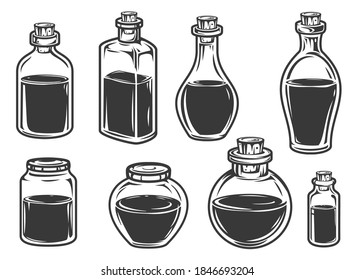 Set hand drawn filled glass jars and bottles in cartoon vintage style isolated on white background. Monochrome vector illustration.