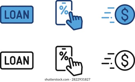 A set of hand drawn financial icons featuring loan buttons percentage symbols on mobile screens and fast moving dollar currency coins illustration