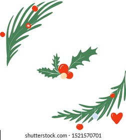 Set of hand drawn fir branches and holly with decorations. Christmas tree or pine branch vector illustration. Fir and holly isolated holiday decoration.