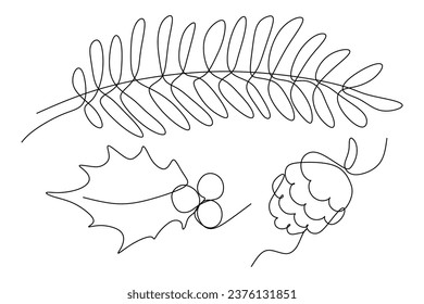 Handgezeichneter Tannenbaum-Ast, Kegel und Heiliger. Illustration für kontinuierliche Zeilenzeichnung. Sammlung von Naturelementen, Pflanzen. Winter- und Feiertagsvorlage für Dekoration, Design-Kunst, Postkarte.