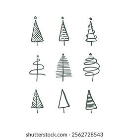 Set of hand drawn fir trees. Merry Christmas design for poster, banner or greeting card. Vector illustration in doodle style on white background