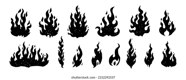 Set of hand drawn fire flames, isolated on white background. Vector illustration.