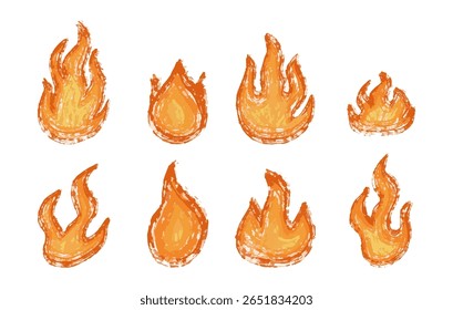 Set of hand drawn fire flames in doodle style. Vector illustration of burning fire shapes and sketchy crayon flame 