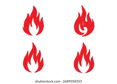 Conjunto de llamas de fuego dibujadas a mano con textura de crayón, pastel, tiza o lápiz. Elementos Grunge en estilo sketch. Ilustración vectorial amarilla sobre un fondo blanco.
