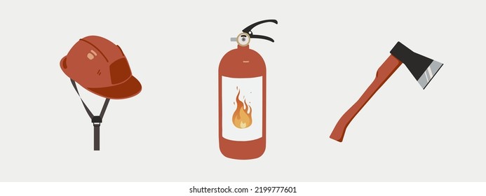 Establecer herramientas de extinción de incendios a mano aisladas ilustraciones vectoriales. Casco de bomberos, extintor de incendios, hacha. Conjunto de iconos coloridos.