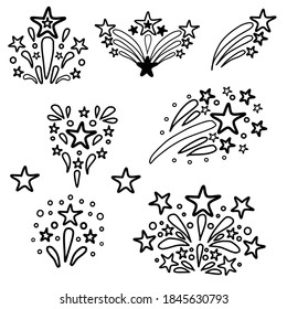 Set of hand drawn fireworks isolated on white background. collection of fireworks in Doodle style.