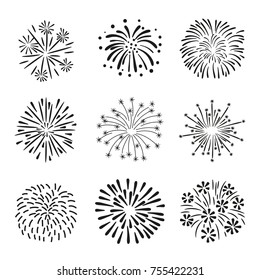 Set of hand drawn fireworks isolated on white background.