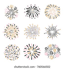 Set of hand drawn fireworks in pink, golden and black colors. Vector illustration.