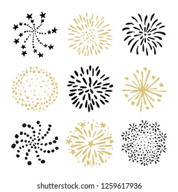Set of hand drawn fireworks and sunbursts. Isolated black and gold vector objects, icons on white background. Celebration concept.