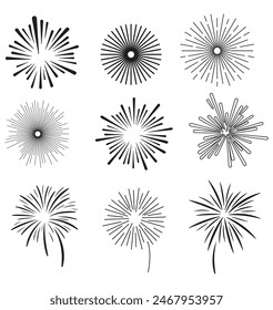 Set of hand drawn fireworks and sunbursts vector