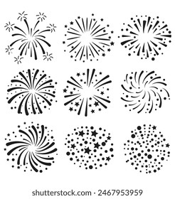 Set of hand drawn fireworks and sunbursts vector