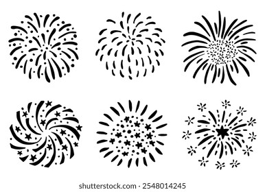 Conjunto de fogos de artifício desenhados à mão, rajadas de sol. Objetos de vetor preto isolados, ícones isolados no plano de fundo branco. Celebração, aniversário de aniversário. Elemento de clipart gráfico decorativo feliz ano novo