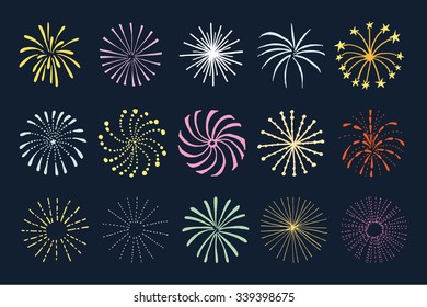 Set Of Hand Drawn Fireworks And Sunbursts, Isolated Vector Objects