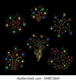 Set of hand drawn  fireworks.Hand drawn vector illustration.