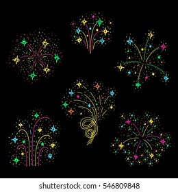 Set of hand drawn  fireworks.Hand drawn vector illustration.