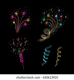 Set of hand drawn  fireworks,party popper and serpentine.