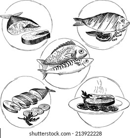 set of hand drawn fish dishes, design elements of sea food