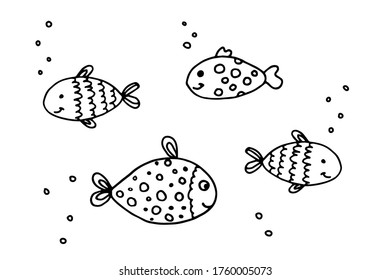 Juego de garabatos de peces dibujados a mano. Pescado negro de fondo blanco. Ornamento creativo para cubiertas, fondos, textil y decoración interior