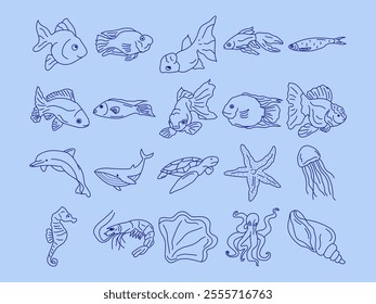 Set of hand drawn fish icon design template.