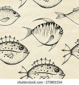 Set of hand drawn fish. Retro vintage style seafood design. Seamless pattern. Vector illustration.

