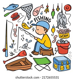 Set of Hand Drawn Fishing Doodles Vector Element