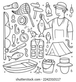 Set of Hand Drawn Fishing Doodles Vector Element. Fishing doodle tool and equipment objects