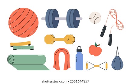 Set of Hand Drawn Fitness Equipment Flat Design Illustration. Collection of Different Gym Exercise Tools