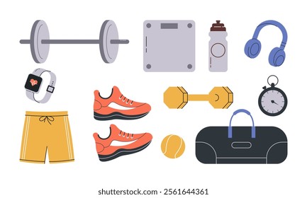 Set of Hand Drawn Fitness Equipment Flat Design Illustration. Collection of Different Gym Exercise Tools